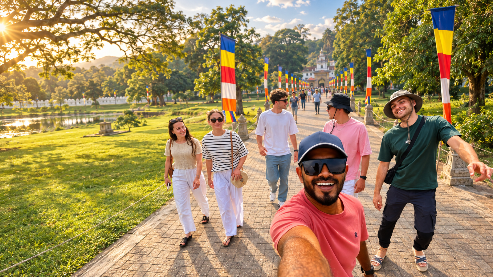 Travellers exploring a cultural site in Kandy with a local guide