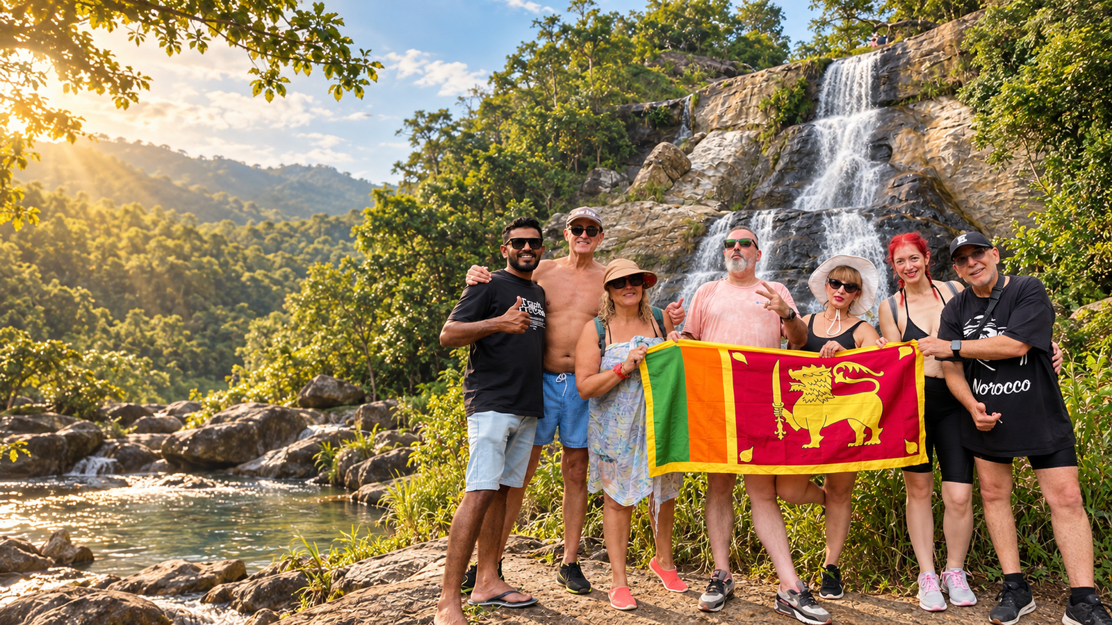 Group of travellers with their Sri Lankan guide beside a waterfall