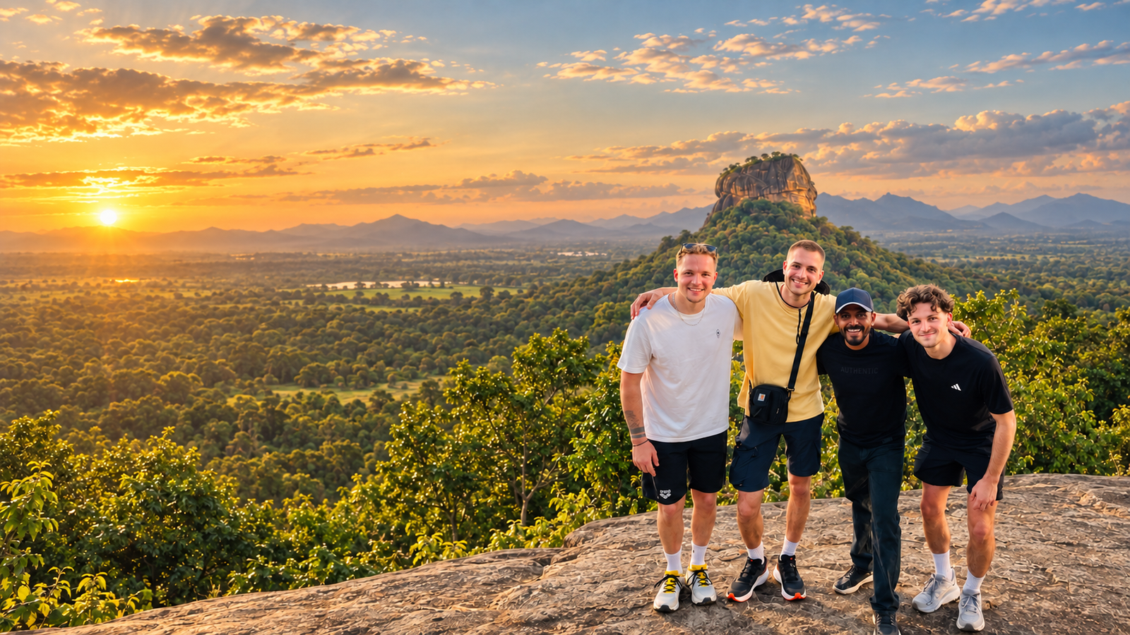 Travellers overlooking Sigiriya at sunset in Sri Lanka