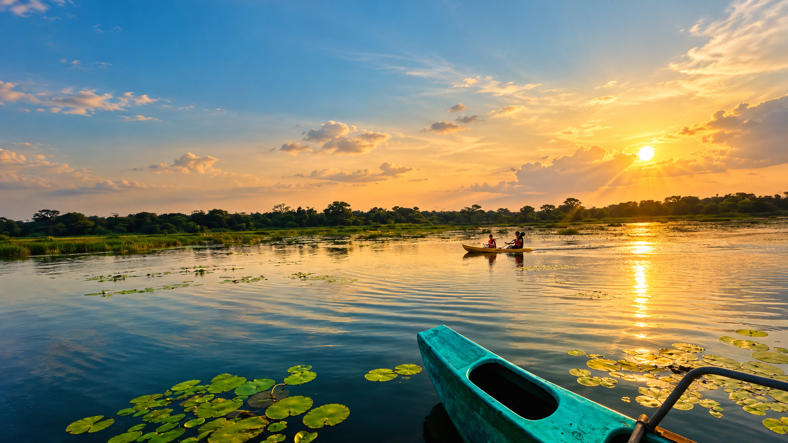 Kayaking across a peaceful Sri Lankan lake at sunset