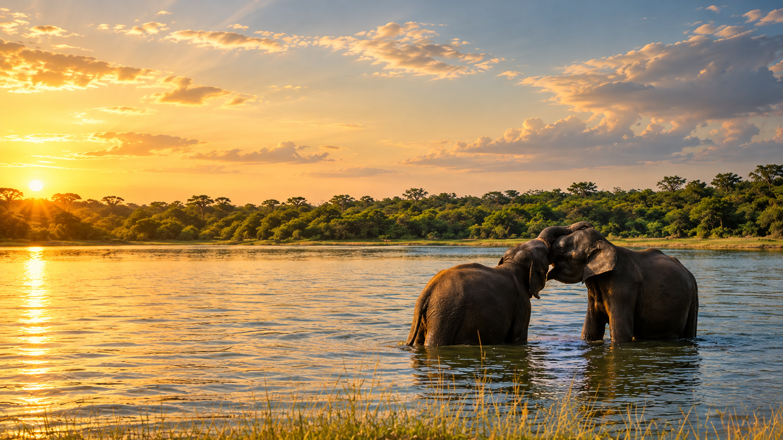 Elephants interacting in the water during a Sri Lankan wildlife experience